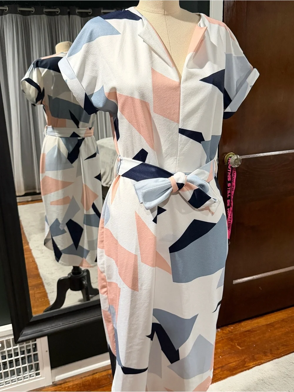 Abstract Print Midi Dress in Pink and Blue